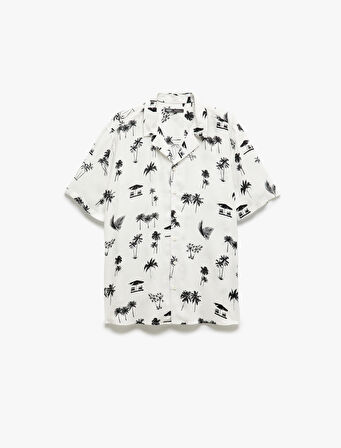 Kısa Kollu Devrik Yaka Regular Fit Viskon Palmiye Desenli Gömlek