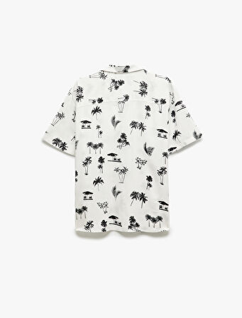 Kısa Kollu Devrik Yaka Regular Fit Viskon Palmiye Desenli Gömlek