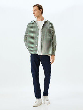 Uzun Kollu Cep Detaylı Pamuklu Slogan İşlemeli Poplin Çizgili Gömlek