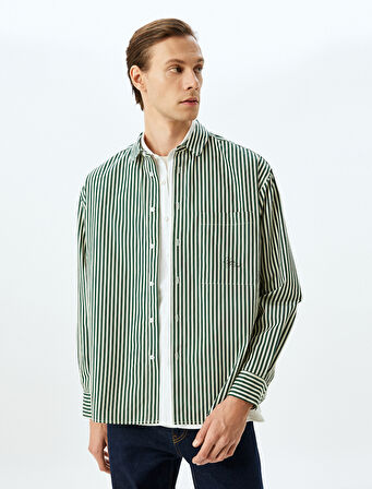 Uzun Kollu Cep Detaylı Pamuklu Slogan İşlemeli Poplin Çizgili Gömlek