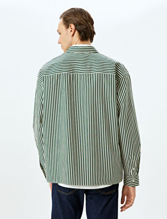 Uzun Kollu Cep Detaylı Pamuklu Slogan İşlemeli Poplin Çizgili Gömlek