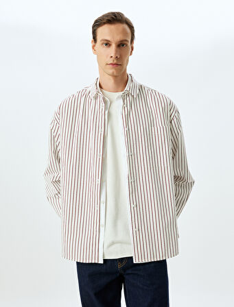 Uzun Kollu Cep Detaylı Pamuklu Poplin Çizgili Gömlek