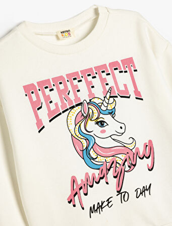 Unicorn Baskılı Sweat Bisiklet Yaka Uzun Kollu Şardonlu 
