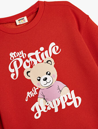 Sweatshirt Ayıcık Baskılı Uzun Kollu Bisiklet Yaka Şardonlu