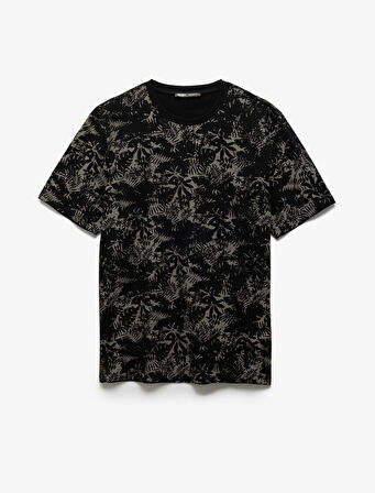 Bisiklet Yaka Regular Fit Kısa Kollu Pamuklu Yaprak Baskılı Tişört