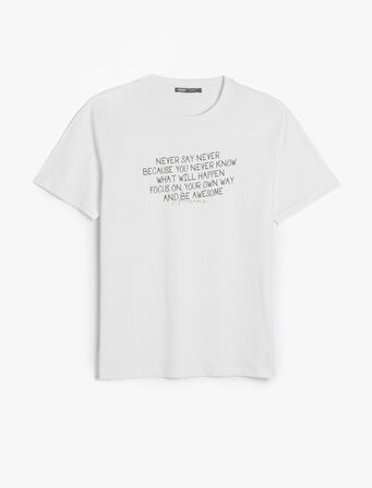 Kısa Kollu Pamuklu Regular Fit Bisiklet Yaka Slogan Baskılı Tişört