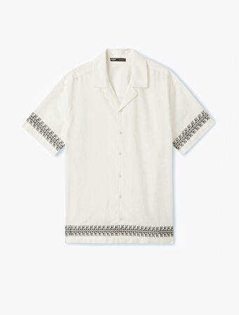 Pamuklu Devrik Yaka Regular Fit Desenli Nakışlı Kısa Kollu Gömlek