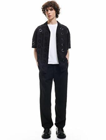 Regular Fit Pamuklu Devrik Yaka Desenli Kısa Kollu Gömlek