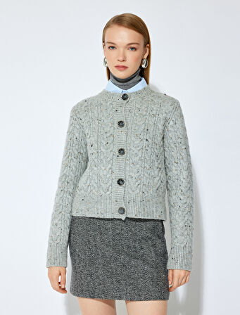 Koton X Şahika Ercümen - Düğmeli Uzun Kollu Bisiklet Yaka Saç Örgü Hırka