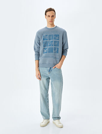 Bisiklet Yaka Pamuk Karışımlı Şardonlu Kelebek Baskılı Sweatshirt