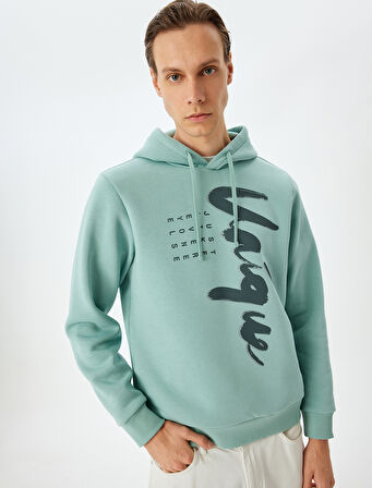 Uzun Kollu Pamuk Karışımlı Şardonlu Kapşonlu Baskılı Sweatshirt