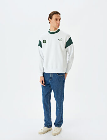 İşlemeli Renk Bloklu Pamuk Karışımlı Şardonlu Bisiklet Yaka Sweatshirt