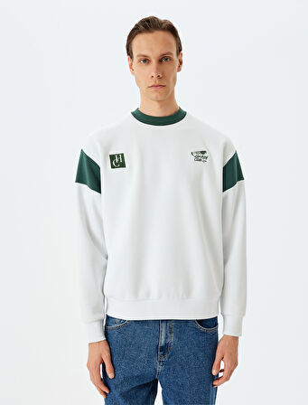 İşlemeli Renk Bloklu Pamuk Karışımlı Şardonlu Bisiklet Yaka Sweatshirt