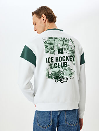 İşlemeli Renk Bloklu Pamuk Karışımlı Şardonlu Bisiklet Yaka Sweatshirt