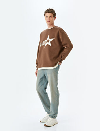 Bisiklet Yaka Oversize Pamuk Karışımlı Slogan Baskılı Sweatshirt