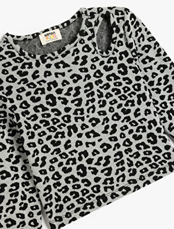Leopar Desenli Bluz Uzun Kollu Bisiklet Yaka Pencere Detaylı 