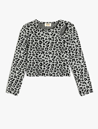 Leopar Desenli Bluz Uzun Kollu Bisiklet Yaka Pencere Detaylı 
