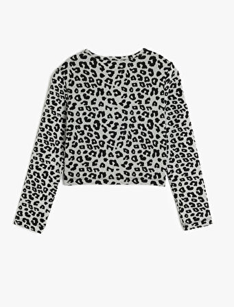 Leopar Desenli Bluz Uzun Kollu Bisiklet Yaka Pencere Detaylı 