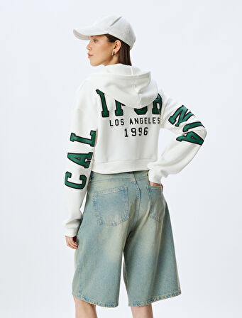 Şardonlu Arkası Kolej Baskılı Crop Fermuarlı Kapüşonlu Cepli Sweatshirt