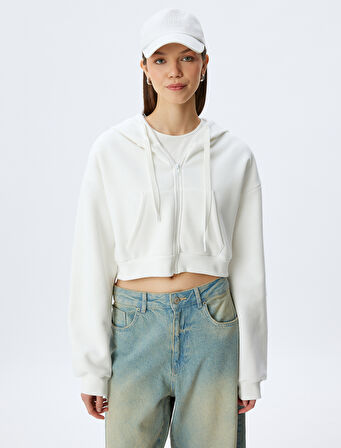 Şardonlu Arkası Kolej Baskılı Crop Fermuarlı Kapüşonlu Cepli Sweatshirt