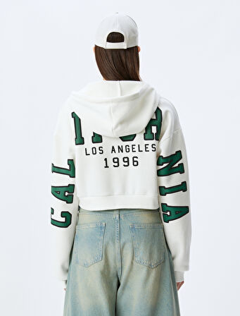 Şardonlu Arkası Kolej Baskılı Crop Fermuarlı Kapüşonlu Cepli Sweatshirt