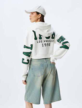 Arkası Kolej Baskılı Crop Fermuarlı Kapüşonlu Cepli Sweatshirt