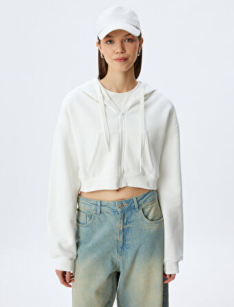 Arkası Kolej Baskılı Crop Fermuarlı Kapüşonlu Cepli Sweatshirt