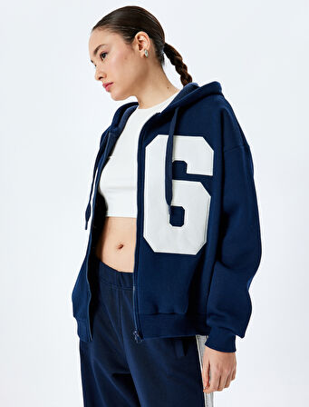 Şardonlu Kapüşonlu Kolej Nakışlı Oversize Fermuarlı Sweatshirt