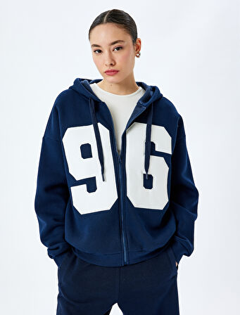Şardonlu Kapüşonlu Kolej Nakışlı Oversize Fermuarlı Sweatshirt