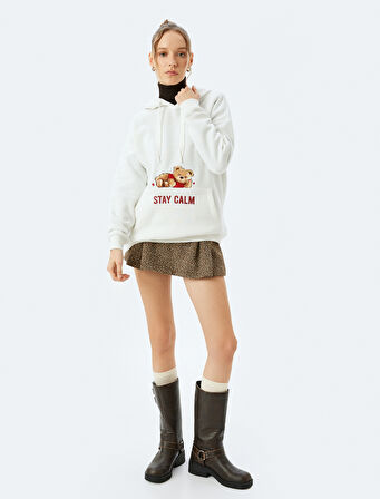 Slogan Baskılı Kapüşonlu Kanguru Cepli Oversize Sweatshirt