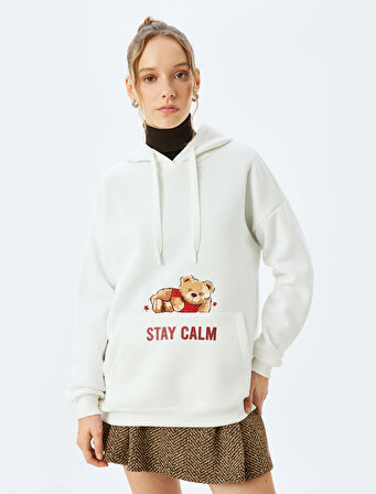 Slogan Baskılı Kapüşonlu Kanguru Cepli Oversize Sweatshirt