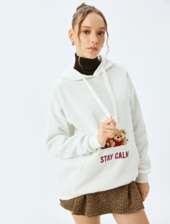 Slogan Baskılı Kapüşonlu Kanguru Cepli Oversize Sweatshirt