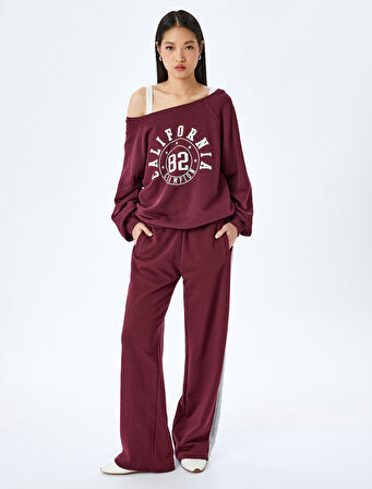 Kolej Baskılı Omzu Açık Kayık Yaka Oversize Sweatshirt