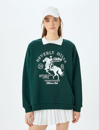 Polo Yaka Kolej Baskılı Şardonlu Oversize Sweatshirt