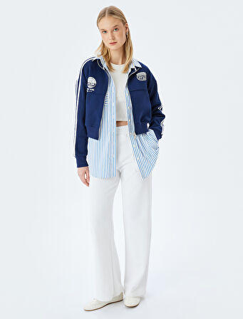 Dik Yaka Fermuarlı Cep Detaylı Biyeli Crop Kolej Sweatshirt