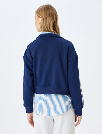 Dik Yaka Fermuarlı Cep Detaylı Biyeli Crop Kolej Sweatshirt