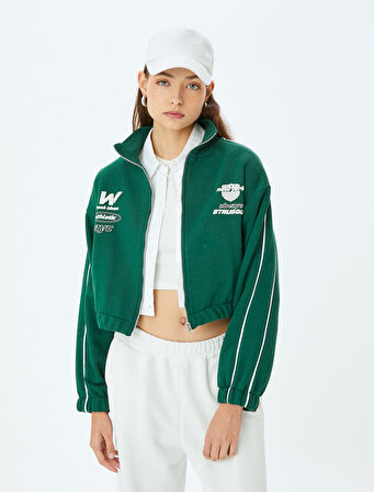 Arkası Baskılı Dik Yaka Fermuarlı Biyeli Şardonlu Oversize Crop Sweatshirt