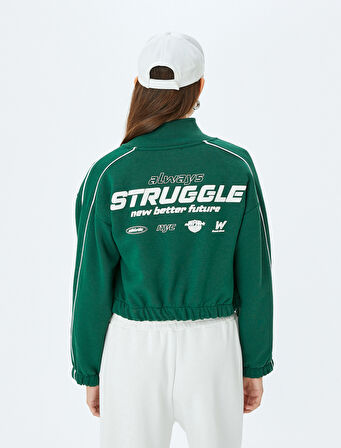 Arkası Baskılı Dik Yaka Fermuarlı Biyeli Şardonlu Oversize Crop Sweatshirt