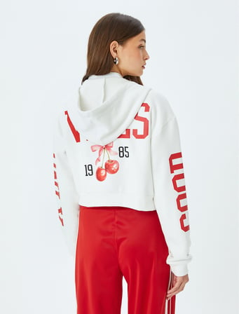 Arkası Baskılı Kapüşonlu Fermuarlı Cepli Sweatshirt