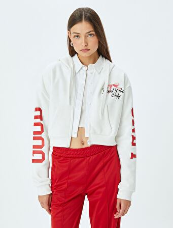 Arkası Baskılı Kapüşonlu Fermuarlı Cepli Sweatshirt