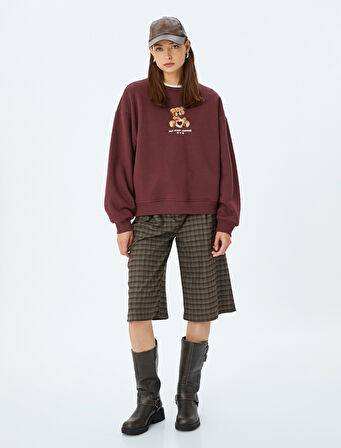 Ayı İşlemeli Sloganlı Bisiklet Yaka Şardonlu Oversize Sweatshirt