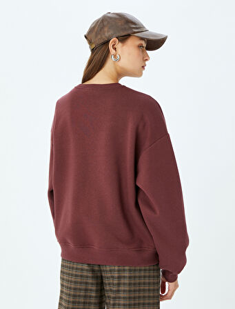 Ayı İşlemeli Sloganlı Bisiklet Yaka Şardonlu Oversize Sweatshirt