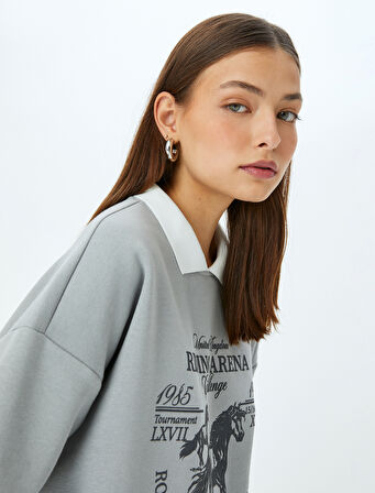 Polo Yaka Slogan Baskılı Şardonlu Oversize Sweatshirt