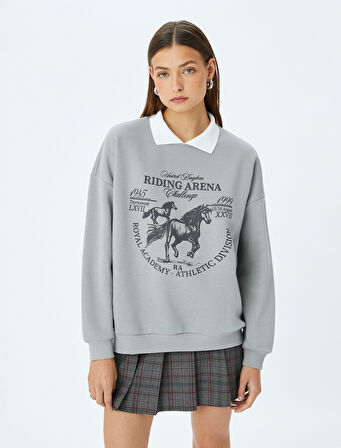 Polo Yaka Slogan Baskılı Şardonlu Oversize Sweatshirt