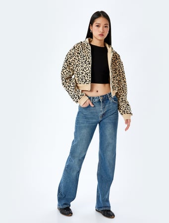 Şardonlu Leopar Desenli Kapüşonlu Fermuarlı Crop Sweatshirt