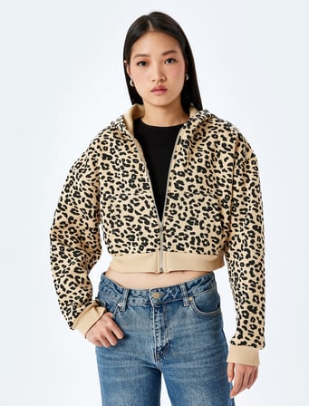 Şardonlu Leopar Desenli Kapüşonlu Fermuarlı Crop Sweatshirt