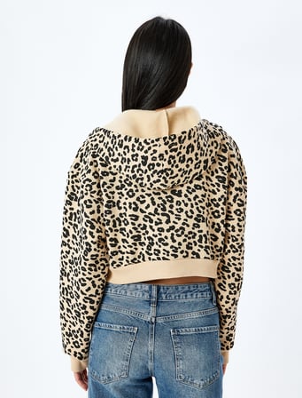 Şardonlu Leopar Desenli Kapüşonlu Fermuarlı Crop Sweatshirt