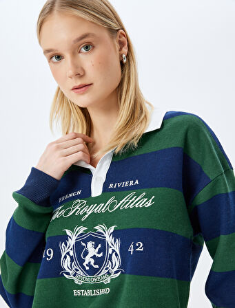 Gömlek Yaka Kolej Baskılı Renk Bloklu Şardonlu Sweatshirt