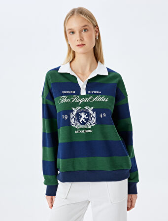 Gömlek Yaka Kolej Baskılı Renk Bloklu Şardonlu Sweatshirt