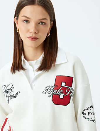 Polo Yaka Düğmeli Oversize Kolej Nakışlı Şardonlu Sweatshirt